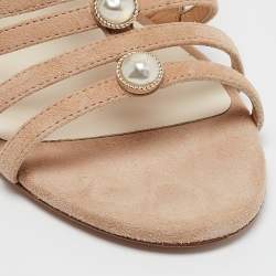 Chanel Beige Suede  Pearl Slingback Sandals Size 37.5