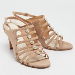 Chanel Beige Suede  Pearl Slingback Sandals Size 37.5