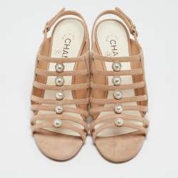 Chanel Beige Suede  Pearl Slingback Sandals Size 37.5