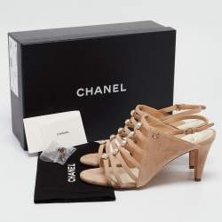 Chanel Beige Suede  Pearl Slingback Sandals Size 37.5