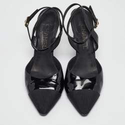 Pre Owned Chanel Black Patent Leather and Canvas Ankle Strap Pumps Size 38
