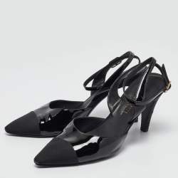 Pre Owned Chanel Black Patent Leather and Canvas Ankle Strap Pumps Size 38