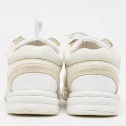 Pre Owned Chanel White Leather and Suede CC Low Top Sneakers Size 38