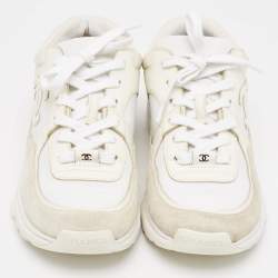 Pre Owned Chanel White Leather and Suede CC Low Top Sneakers Size 38