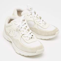 Pre Owned Chanel White Leather and Suede CC Low Top Sneakers Size 38