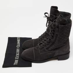 Chanel Dark Grey Quilted Suede CC Ankle Boots Size 39.5 