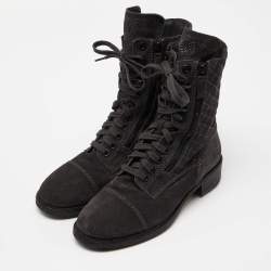 Chanel Dark Grey Quilted Suede CC Ankle Boots Size 39.5 