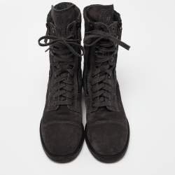Chanel Dark Grey Quilted Suede CC Ankle Boots Size 39.5 