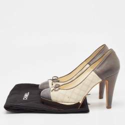 Pre Owned Chanel Grey/Cream Leather and Canvas CC Bow Platform Pumps Size 36