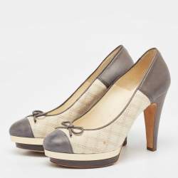 Pre Owned Chanel Grey/Cream Leather and Canvas CC Bow Platform Pumps Size 36