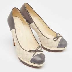 Pre Owned Chanel Grey/Cream Leather and Canvas CC Bow Platform Pumps Size 36