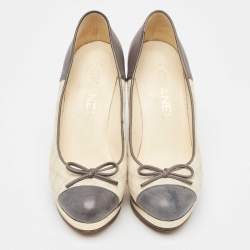 Pre Owned Chanel Grey/Cream Leather and Canvas CC Bow Platform Pumps Size 36