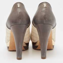 Pre Owned Chanel Grey/Cream Leather and Canvas CC Bow Platform Pumps Size 36