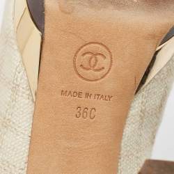 Pre Owned Chanel Grey/Cream Leather and Canvas CC Bow Platform Pumps Size 36