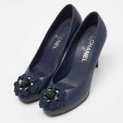 Pre Owned Chanel Blue Leather Camelia CC Platform Pumps Size 38