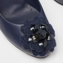 Pre Owned Chanel Blue Leather Camelia CC Platform Pumps Size 38