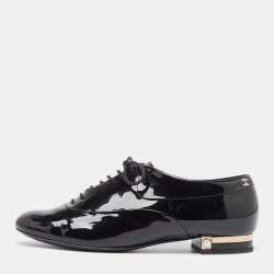 Chanel Black Patent Leather CC Lace Up Oxfords Size 40.5 