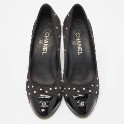 Chanel Black Satin and Patent Leather Pearl Embellished Cap Toe Pumps Size 39