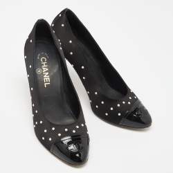 Chanel Black Satin and Patent Leather Pearl Embellished Cap Toe Pumps Size 39