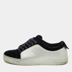 Chanel Silver/Blue Velvet and Rubber CC Low Top Sneakers Size 38