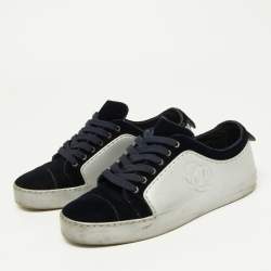 Chanel Silver/Blue Velvet and Rubber CC Low Top Sneakers Size 38