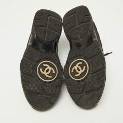 Pre Owned Chanel Black Satin and Suede Logo Lace Up Sneakers Size 38.5