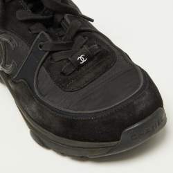 Pre Owned Chanel Black Satin and Suede Logo Lace Up Sneakers Size 38.5