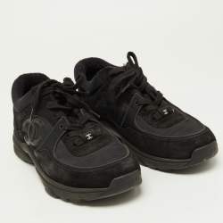 Pre Owned Chanel Black Satin and Suede Logo Lace Up Sneakers Size 38.5