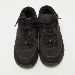 Pre Owned Chanel Black Satin and Suede Logo Lace Up Sneakers Size 38.5