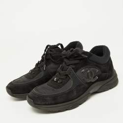 Pre Owned Chanel Black Satin and Suede Logo Lace Up Sneakers Size 38.5