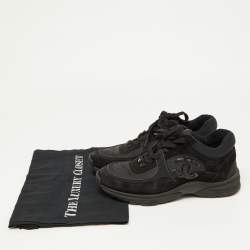 Pre Owned Chanel Black Satin and Suede Logo Lace Up Sneakers Size 38.5