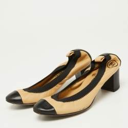 Pre Owned Chanel Beige/Black Leather Cap Toe Scrunch Ballet Pumps Size 36