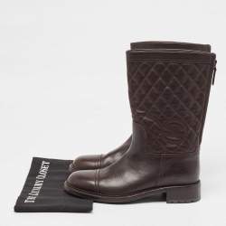 Chanel Brown Quilted Leather CC Moto Boots Size 39.5 
