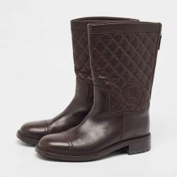 Chanel Brown Quilted Leather CC Moto Boots Size 39.5 