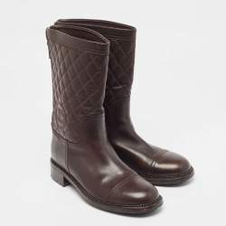 Chanel Brown Quilted Leather CC Moto Boots Size 39.5 