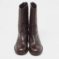 Chanel Brown Quilted Leather CC Moto Boots Size 39.5 