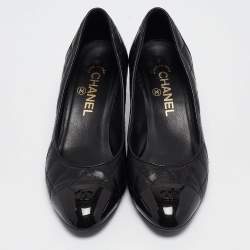Pre Owned Chanel Black Quilted Leather CC Cap Toe Pumps Size 37