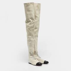 Chanel Cream/Black Leather  Over The Knee Length Boots Size 38