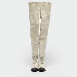 Chanel Cream/Black Leather  Over The Knee Length Boots Size 38
