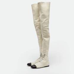 Chanel Cream/Black Leather  Over The Knee Length Boots Size 38