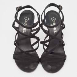 Chanel Black Canvas Strappy Faux Pearls Heel Sandals Size 41.5