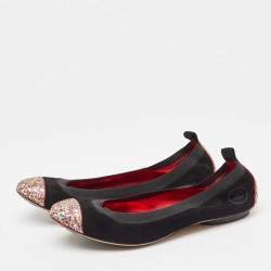 Chanel Black Suede and Coarse Glitter CC Scrunch Ballet Flats Size 39.5