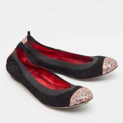 Chanel Black Suede and Coarse Glitter CC Scrunch Ballet Flats Size 39.5