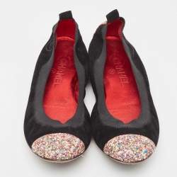 Chanel Black Suede and Coarse Glitter CC Scrunch Ballet Flats Size 39.5