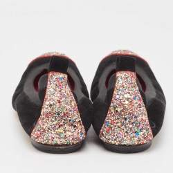 Chanel Black Suede and Coarse Glitter CC Scrunch Ballet Flats Size 39.5