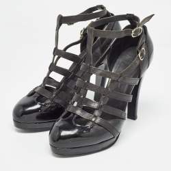 Pre Owned Chanel Black Patent and Leather Strappy Pumps Size 38.5 