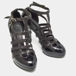 Pre Owned Chanel Black Patent and Leather Strappy Pumps Size 38.5 
