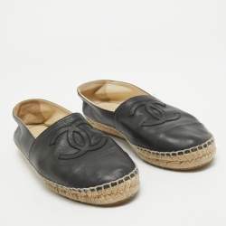 Pre Owned Chanel Black Leather CC Espadrille Flats Size 40
