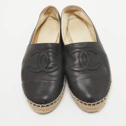 Pre Owned Chanel Black Leather CC Espadrille Flats Size 40