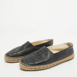Pre Owned Chanel Black Leather CC Espadrille Flats Size 40